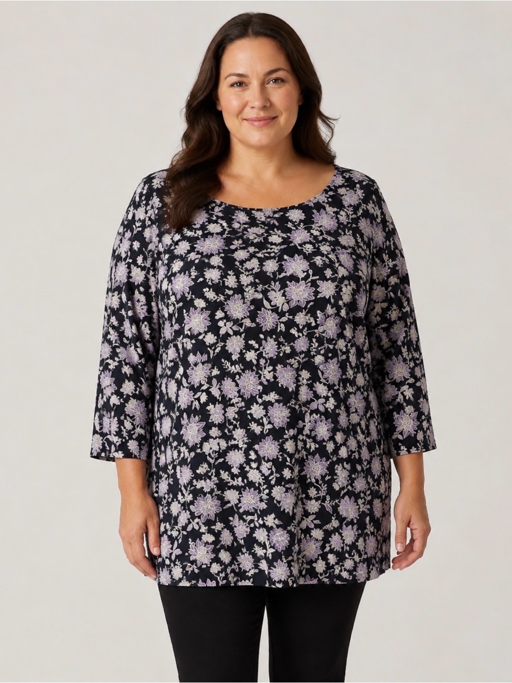 J. Jill Black Tunic with Lavender Floral Print Lenzing Fabric Size XL